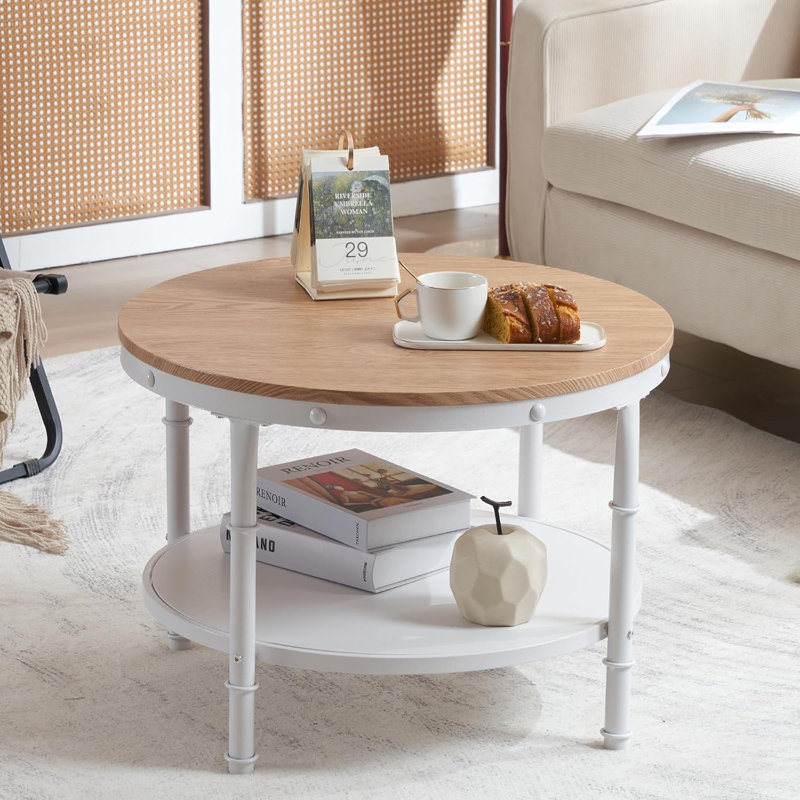 Natural White Round Farmhouse Coffee Table 2 Tier Storage Wood Center Circle Accent Table For Living Room Bedroom Apartment Studio And Small